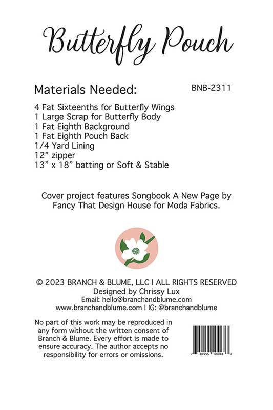 Butterfly Pouch BNB-2311 by Chrissy Lux for Sew and Lux Branch and Blume 8"x 11"