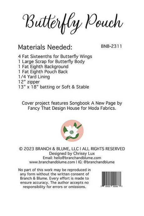 Butterfly Pouch BNB-2311 by Chrissy Lux for Sew and Lux Branch and Blume 8"x 11"