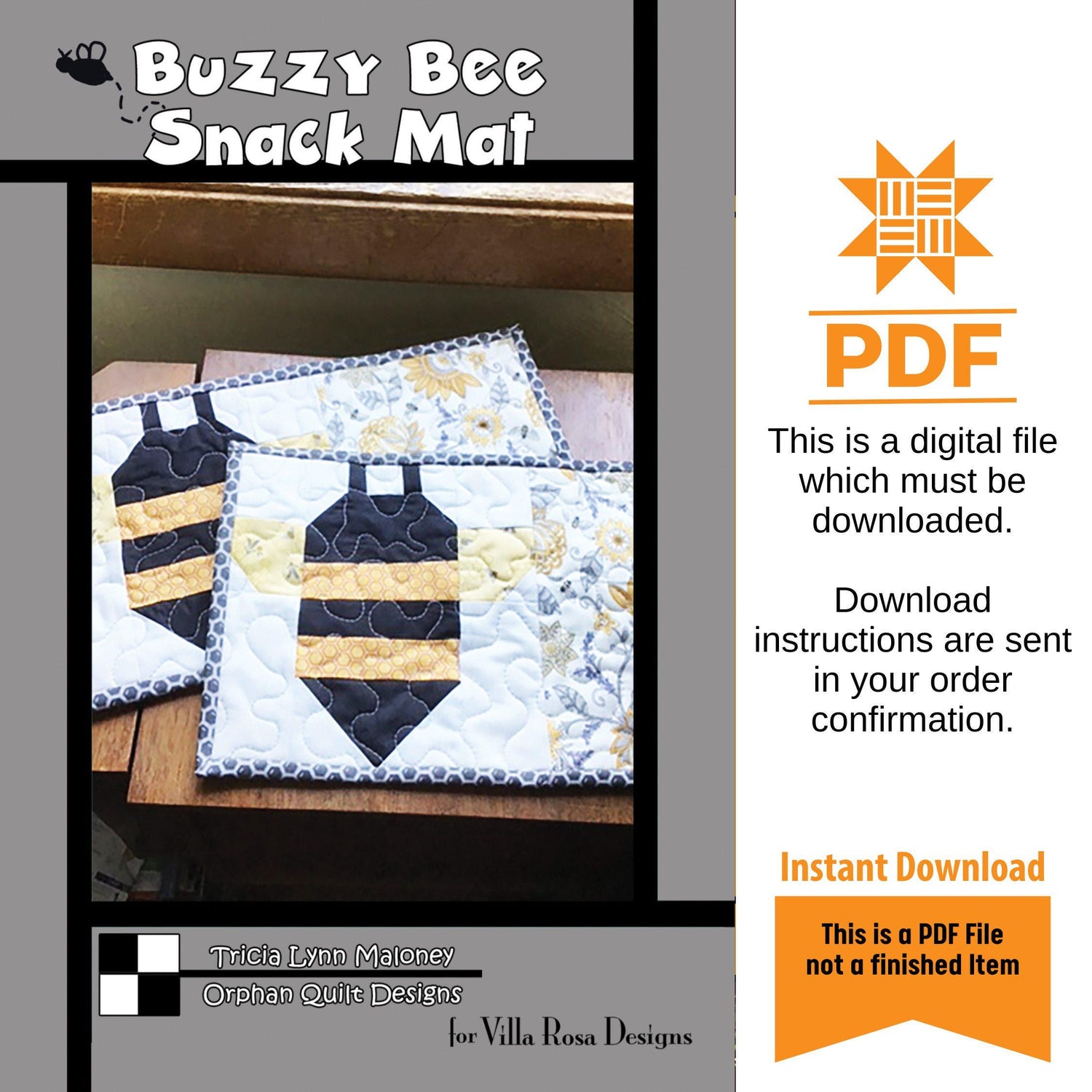 Buzzy Bee Snack Mat Pattern Only (makes 2) - INSTANT DIGITAL DOWNLOAD - From Orphan Quilts for Villa Rosa Designs Size 8" x 14"