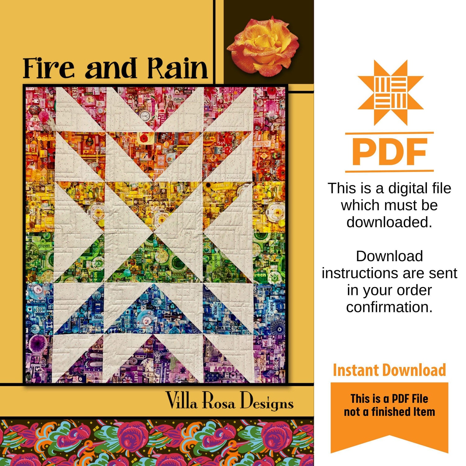 Fire and Rain Quilt Pattern Only - INSTANT DIGITAL DOWNLOAD - By Villa Rosa Designs Size 48" x 54"