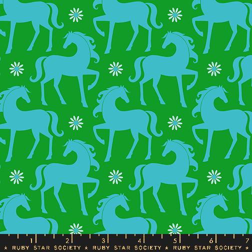 a green and blue pattern with horses and daisies