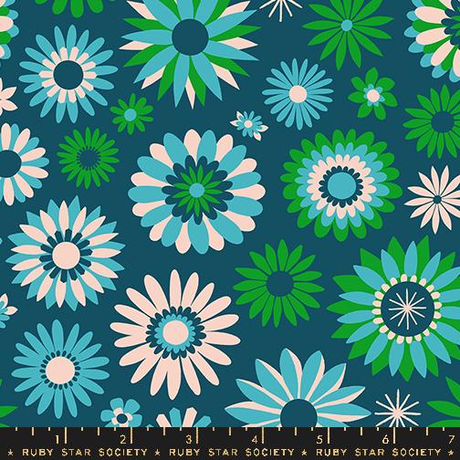a blue and green flower pattern with a ruler