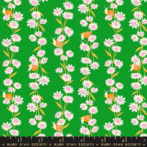 a green background with pink and white flowers