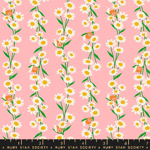a pink background with yellow and white flowers