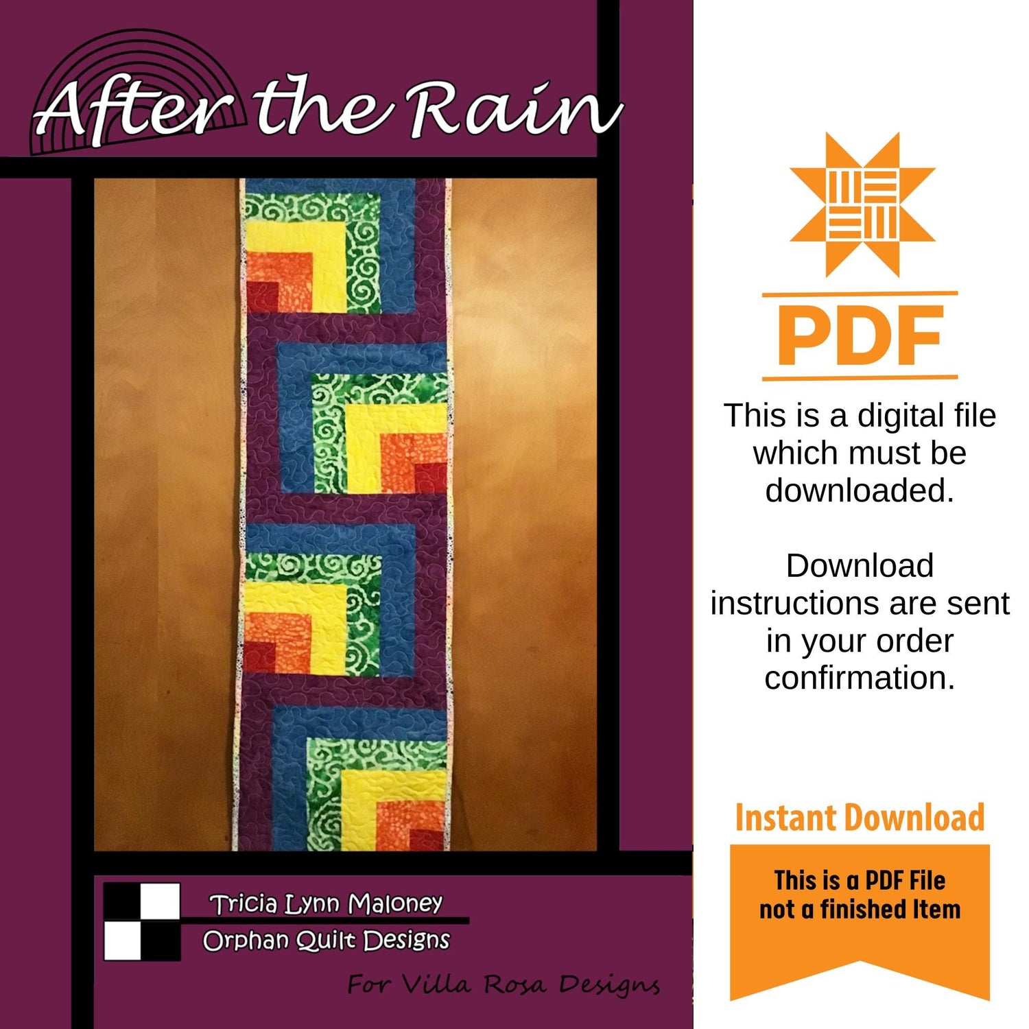 After the Rain Table Runner Pattern Only - INSTANT DIGITAL DOWNLOAD - From Tricia Lynn Maloney for Villa Rosa Designs Size 12" x 60"