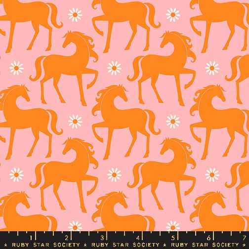 a pink and orange horse pattern with daisies