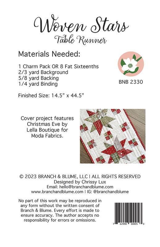 Woven Stars Table Runner Pattern BNB 2330 by Chrissy Lux for Branch and Blume 14.5"x 44.5"