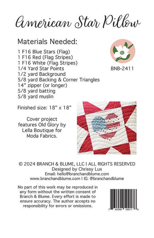 American Star Pillow Pattern, Size is 18" x 18" BNB2411 by Chrissy Lux of Branch and Blume Printed Pattern only