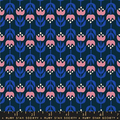 a blue and pink flower pattern on a black background