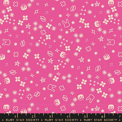 a pink background with white stars and symbols