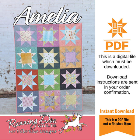 Amelia Pattern Only - INSTANT DIGITAL DOWNLOAD - From Running Doe Quilts for Villa Rosa Designs Size 52 1/2" x 70"