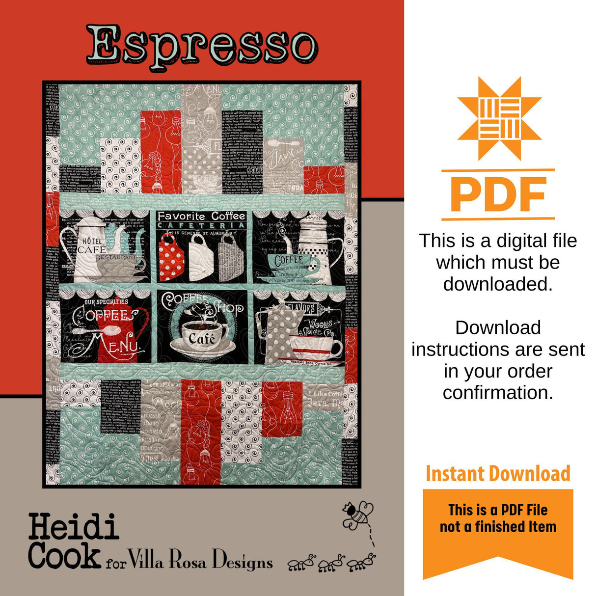 Espresso Quilt Pattern Only - INSTANT DIGITAL DOWNLOAD - From Heidi Cook for Villa Rosa Designs Size 48" x 60"