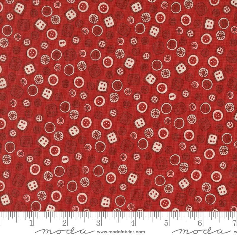 a red background with white circles and dices