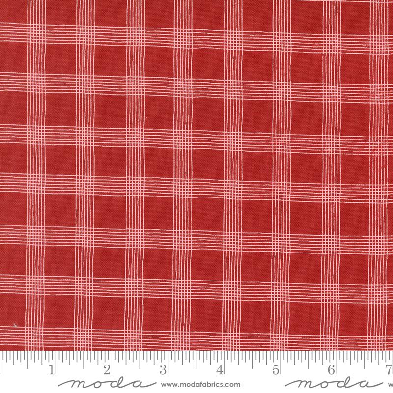 a red and white checkered fabric with a ruler