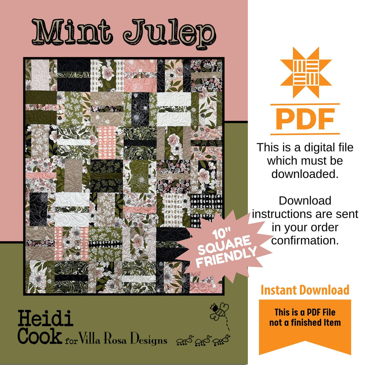 Mint Julep Quilt Panel Pattern Only - INSTANT DIGITAL DOWNLOAD - From Heidi Cook for Villa Rosa Designs Size 51" x 61"