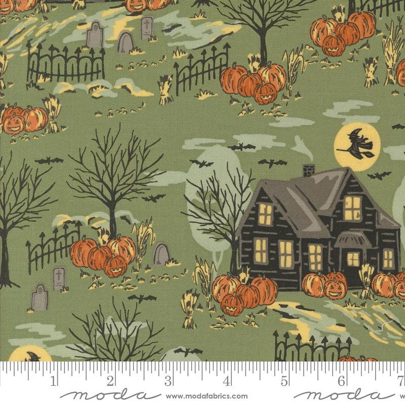 a halloween scene with a house and pumpkins