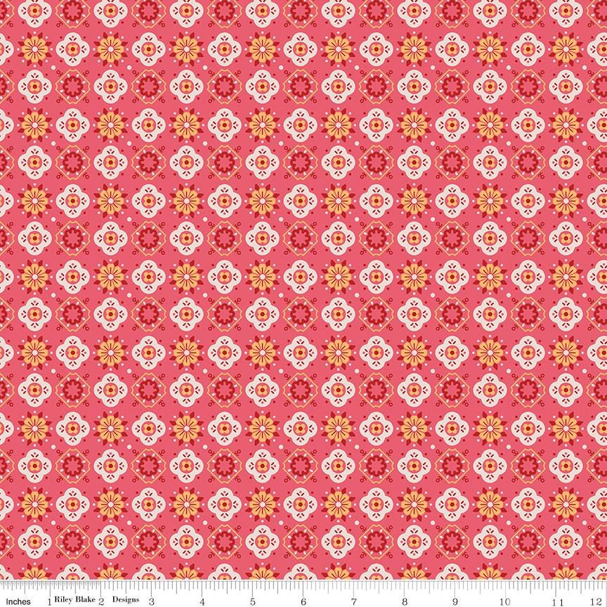 a pink background with orange and white flowers