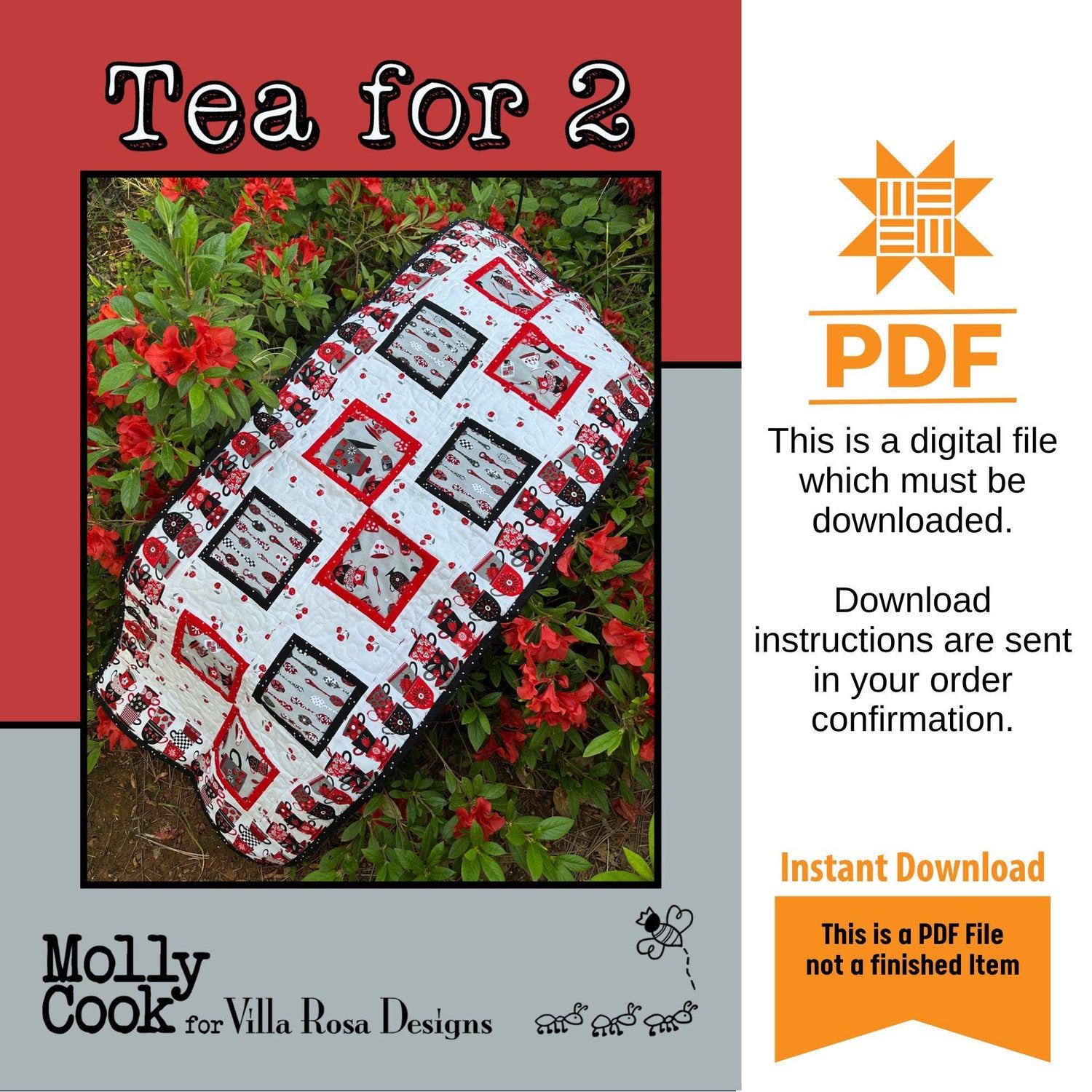 Tea for 2 Table Runner Pattern Only - INSTANT DIGITAL DOWNLOAD - From Molly Cook for Villa Rosa Designs Size 19" x 49"