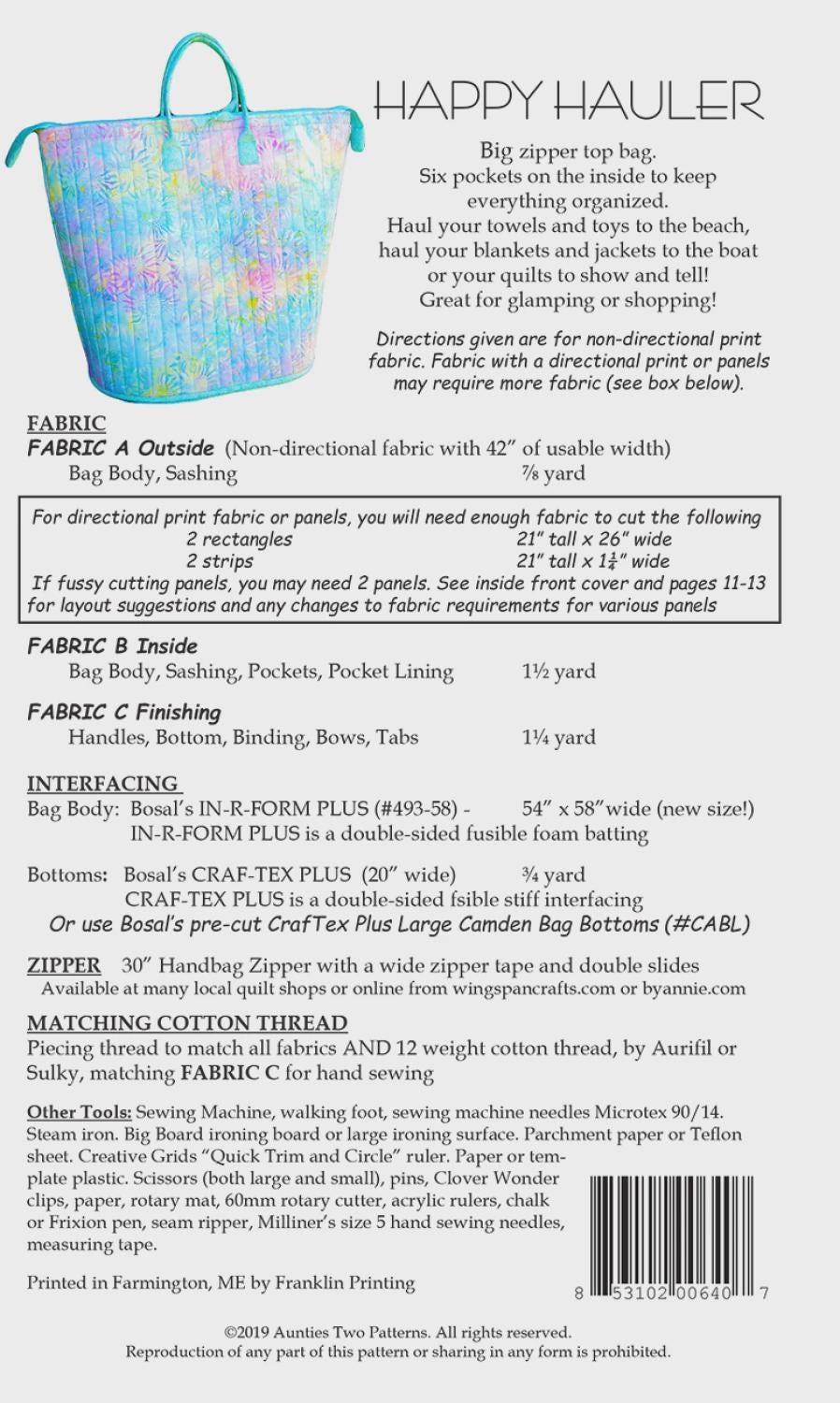 Happy Hauler Bag Pattern by Aunties Two Patterns AT640