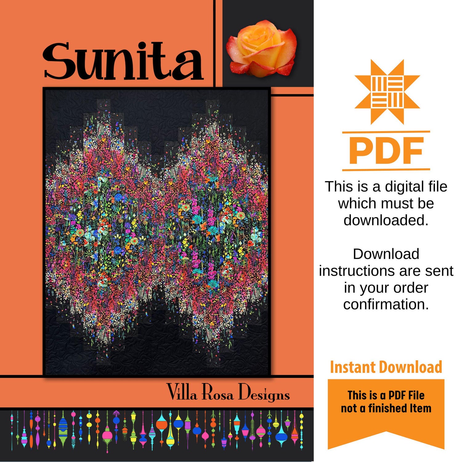 Sunita Quilt Pattern Only - INSTANT DIGITAL DOWNLOAD - By Villa Rosa Designs Size 60" x 74"