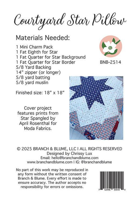 Courtyard Star Pillow Pattern, Printed Pattern only Size is 18" x 18" BNB2314 by Chrissy Lux of Branch and Blume