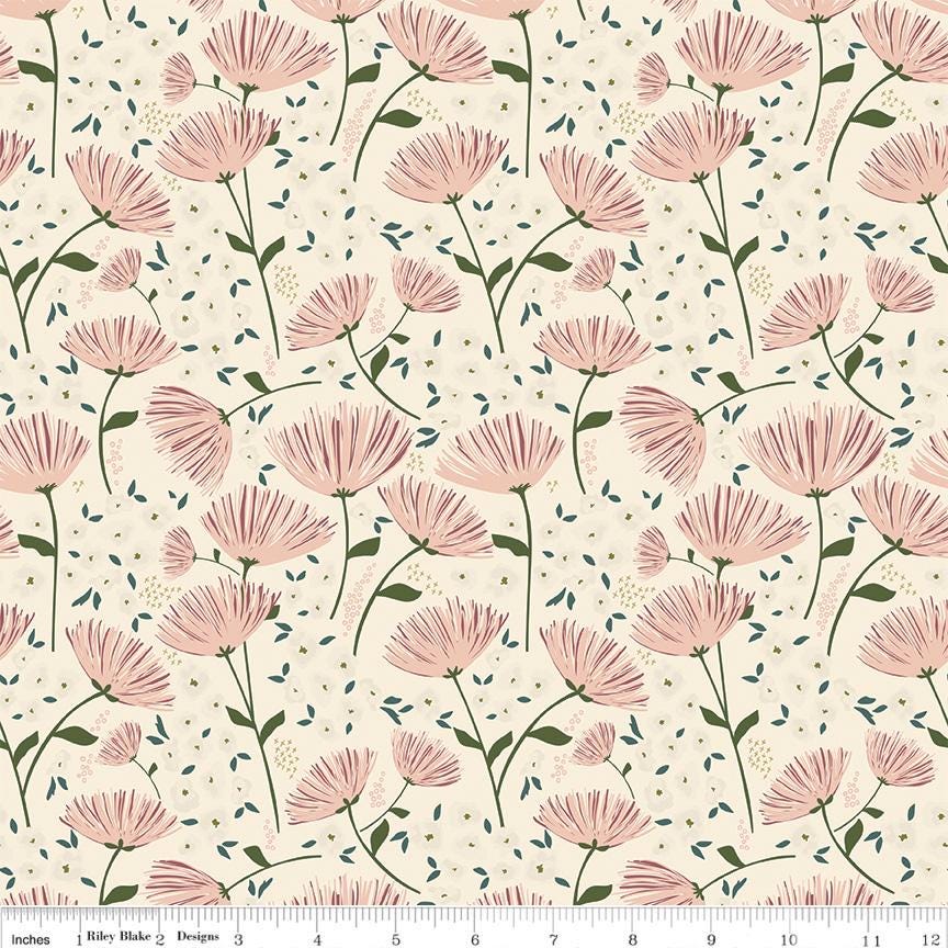 a repeating pattern of pink flowers with green leaves against a light beige background.