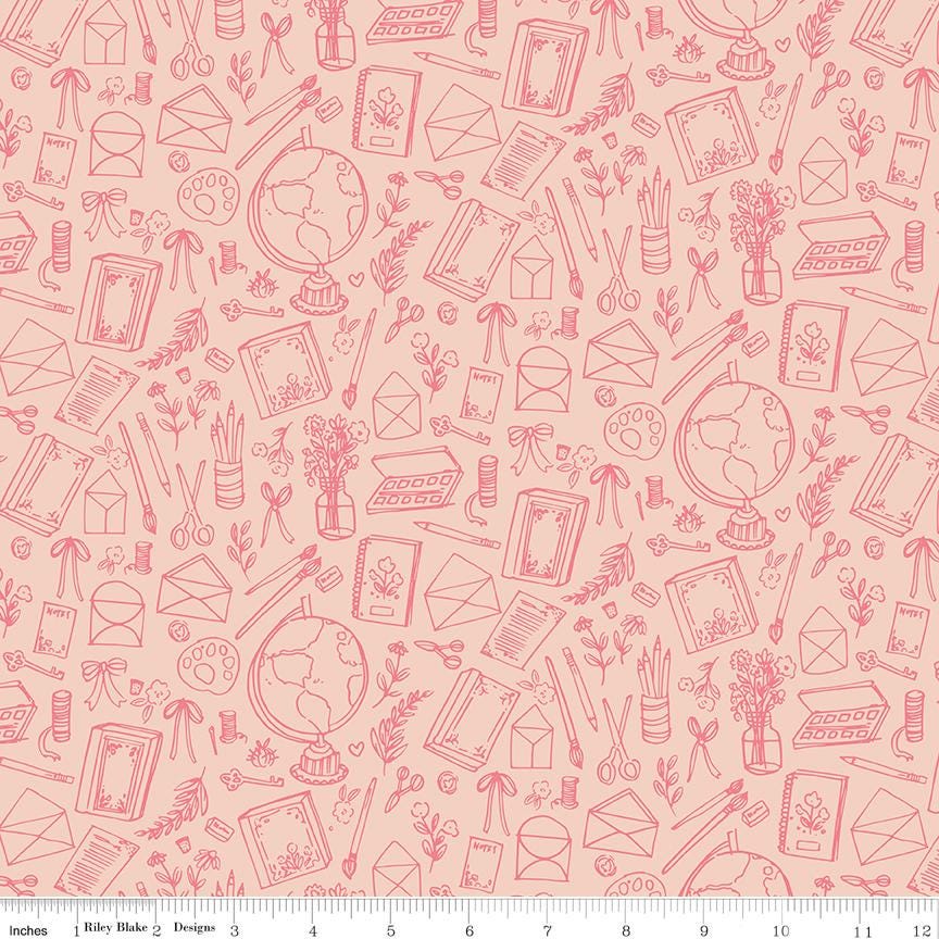 a repeating pattern of various school supplies and office items, such as pencils, scissors, books, globes, and envelopes, all drawn in a simple, hand-drawn style.