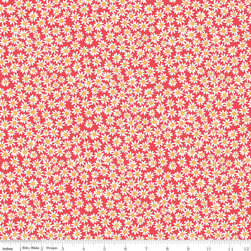 The image is a repeating pattern of red and white flowers on a red background.