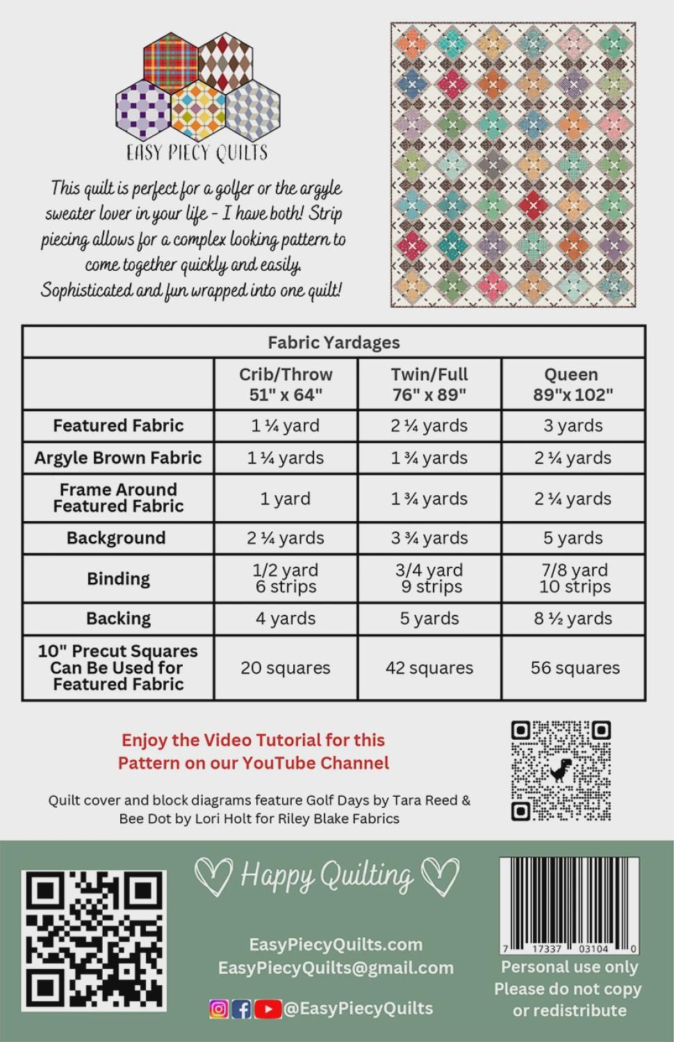 Match Play Argyle Printed Quilt Pattern By Easy Piecy Quilts EPQ126, 3 sizes (crib/throw, twin/full, queen)