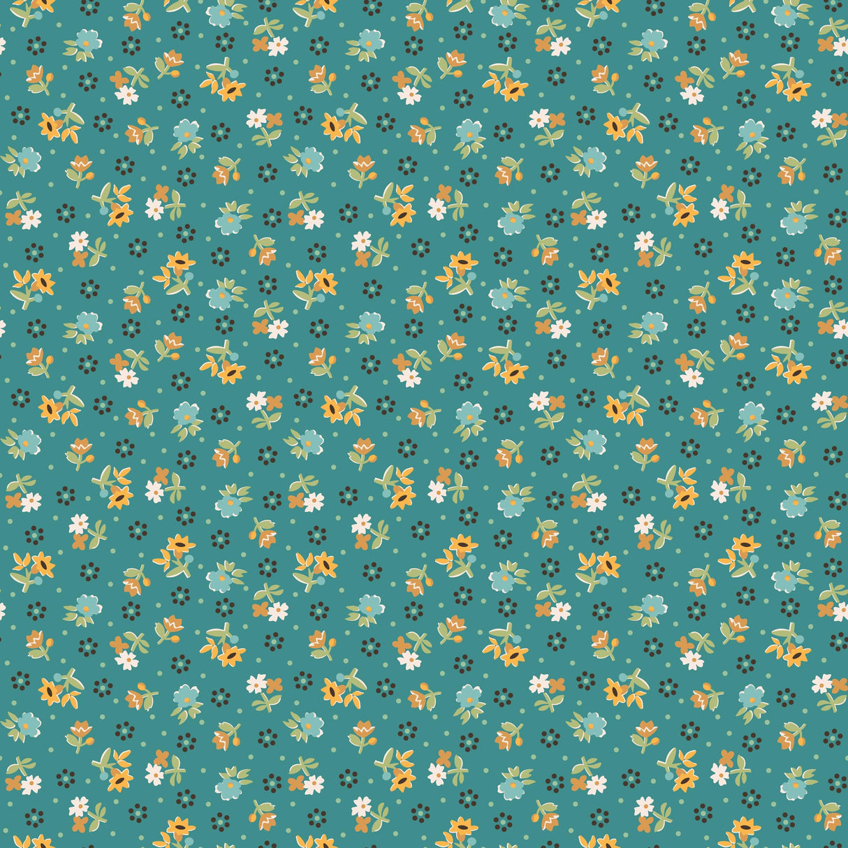 a repeating pattern of small yellow flowers and leaves against a teal background.