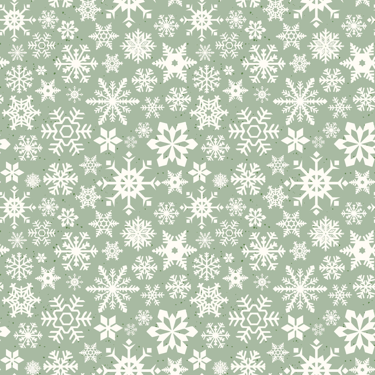 a repeating pattern of white snowflakes against a green background.