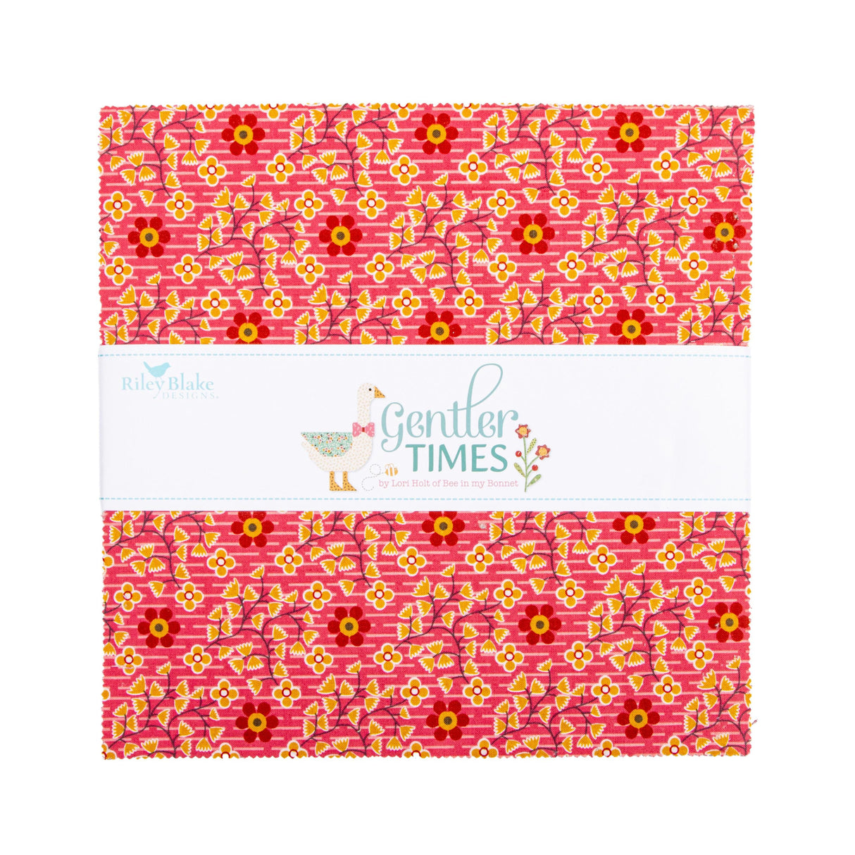 The image is a square-shaped fabric with a repeating pattern of red and yellow flowers on a white background.