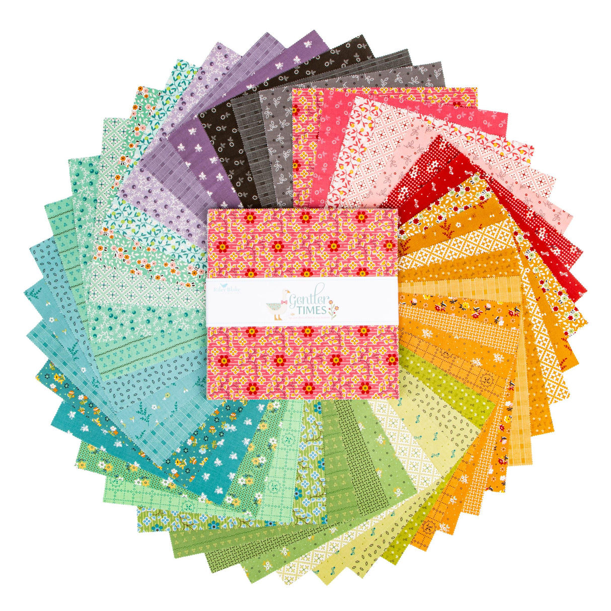 A collection of colorful fabric squares arranged in a circular pattern, with a central red square surrounded by a variety of other patterned fabric squares in different colors and designs.
