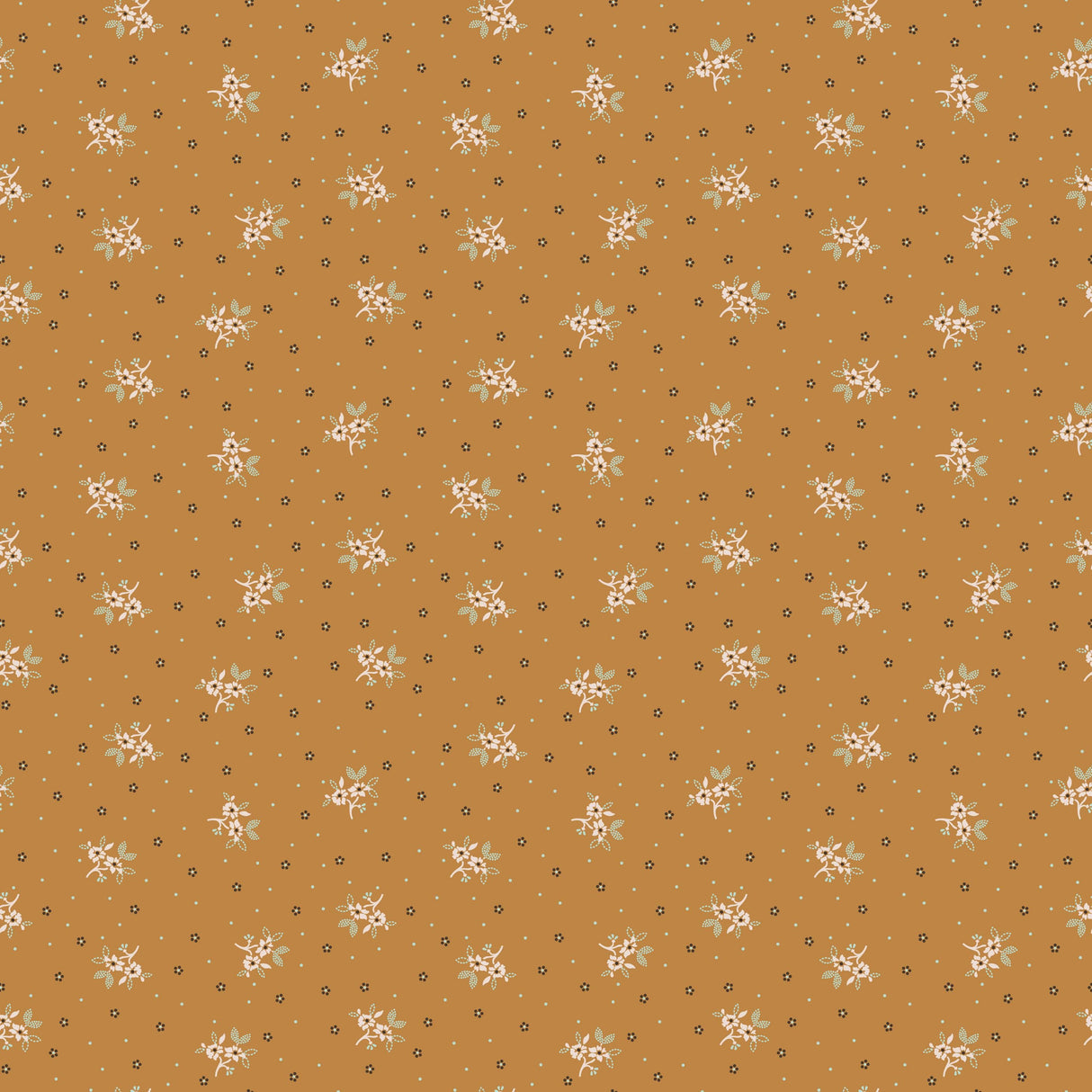 a repeating pattern of small white flowers against a brown background.