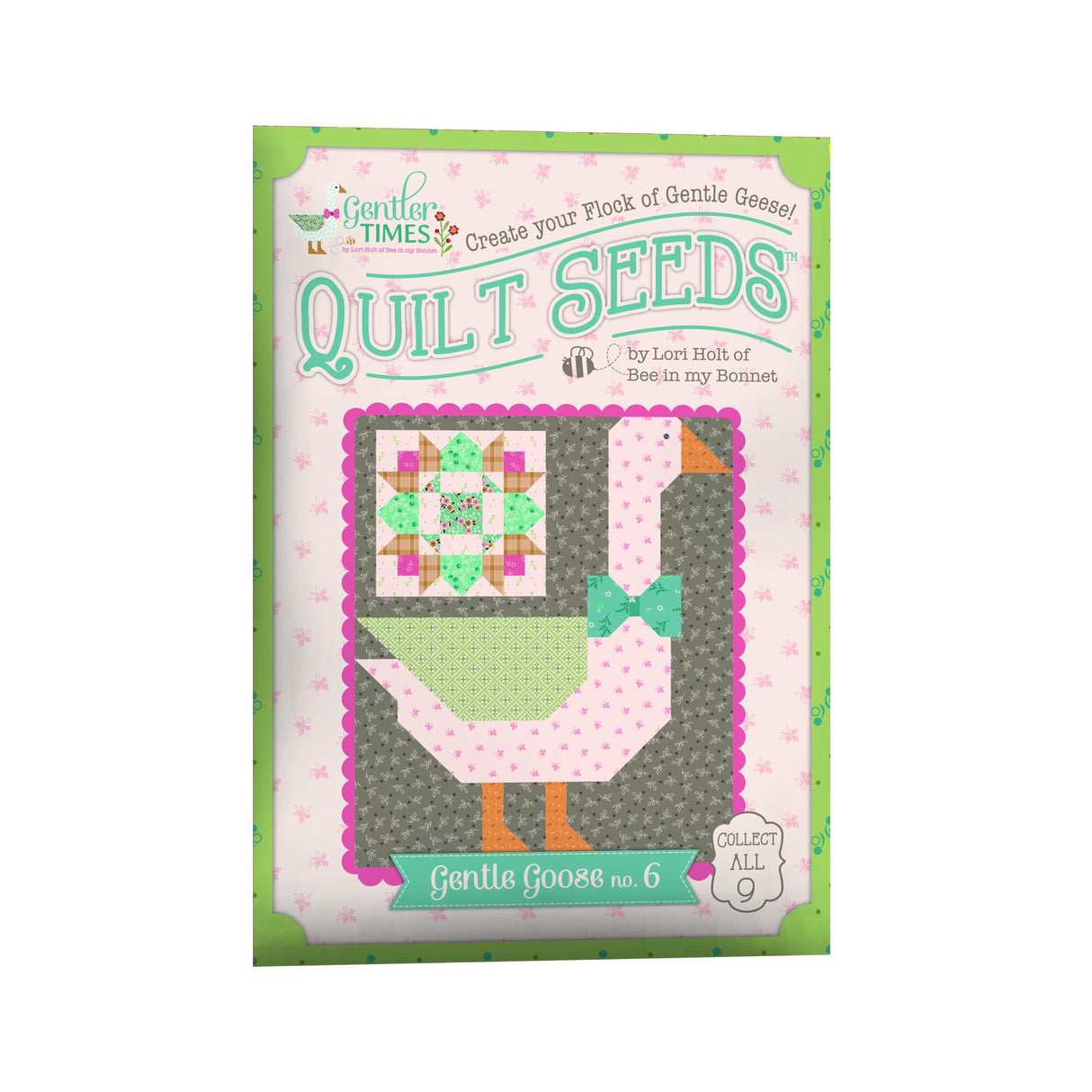 The image is a colorful quilt seed package for a quilt pattern called "Gentle Goose" by Lori Holt of Bee in my Bonnet.