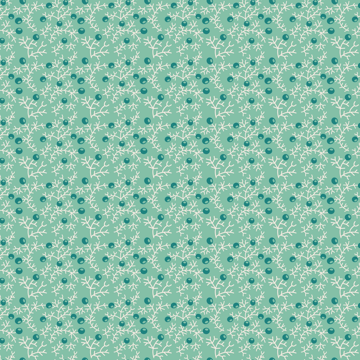 a repeating pattern of small white branches and green circles on a light green background.