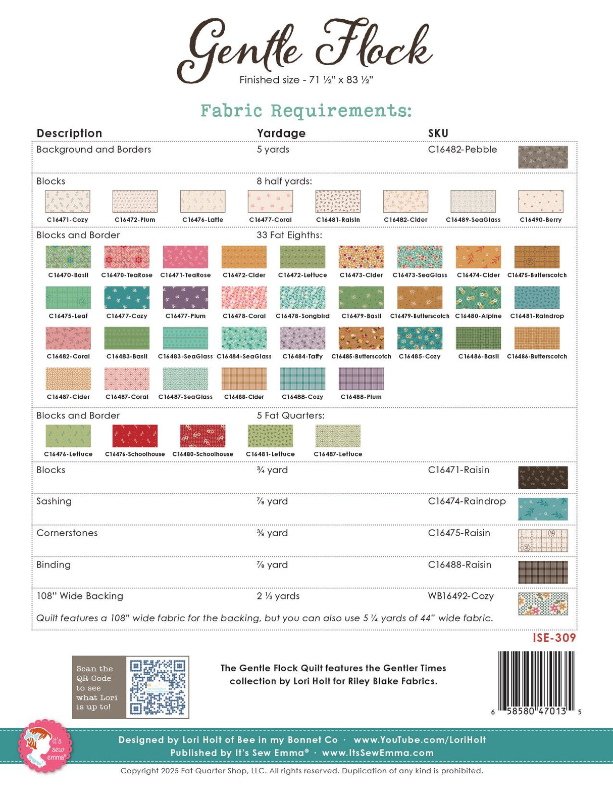 Gentle Flock Quilt Pattern ISE-309 - by Lori Holt of Bee In My Bonnet for Its Sew Emma Finished Size 71 1/2" x 83 1/2"