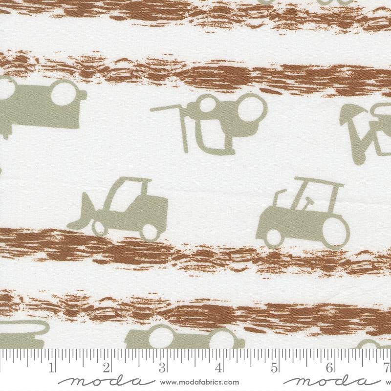 a repeating pattern of various construction vehicles, including tractors and bulldozers, on a white background with brown brushstrokes.