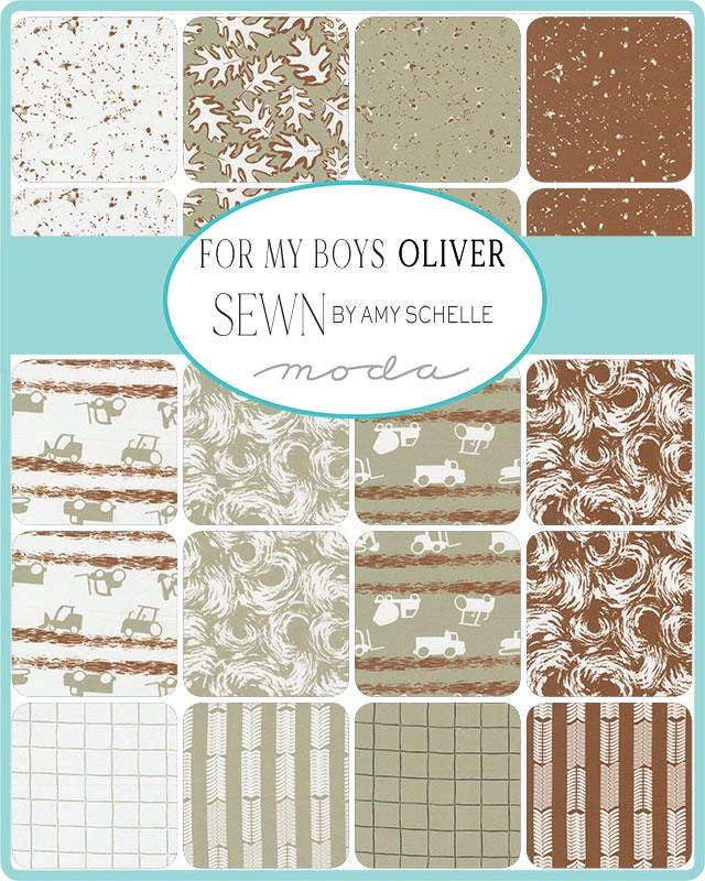 The image is a collage of various fabric patterns, including those with vehicles, trees, and other nature-inspired designs. The text "FOR MY BOYS OLIVER" and "SEW by AMY SCHELLE" is displayed, indicating the creator of the fabric patterns.