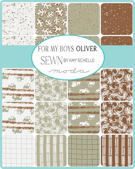 The image is a collage of various fabric patterns, including those with vehicles, trees, and other nature-inspired designs. The text "FOR MY BOYS OLIVER" and "SEW by AMY SCHELLE" is displayed, indicating the creator of the fabric patterns.