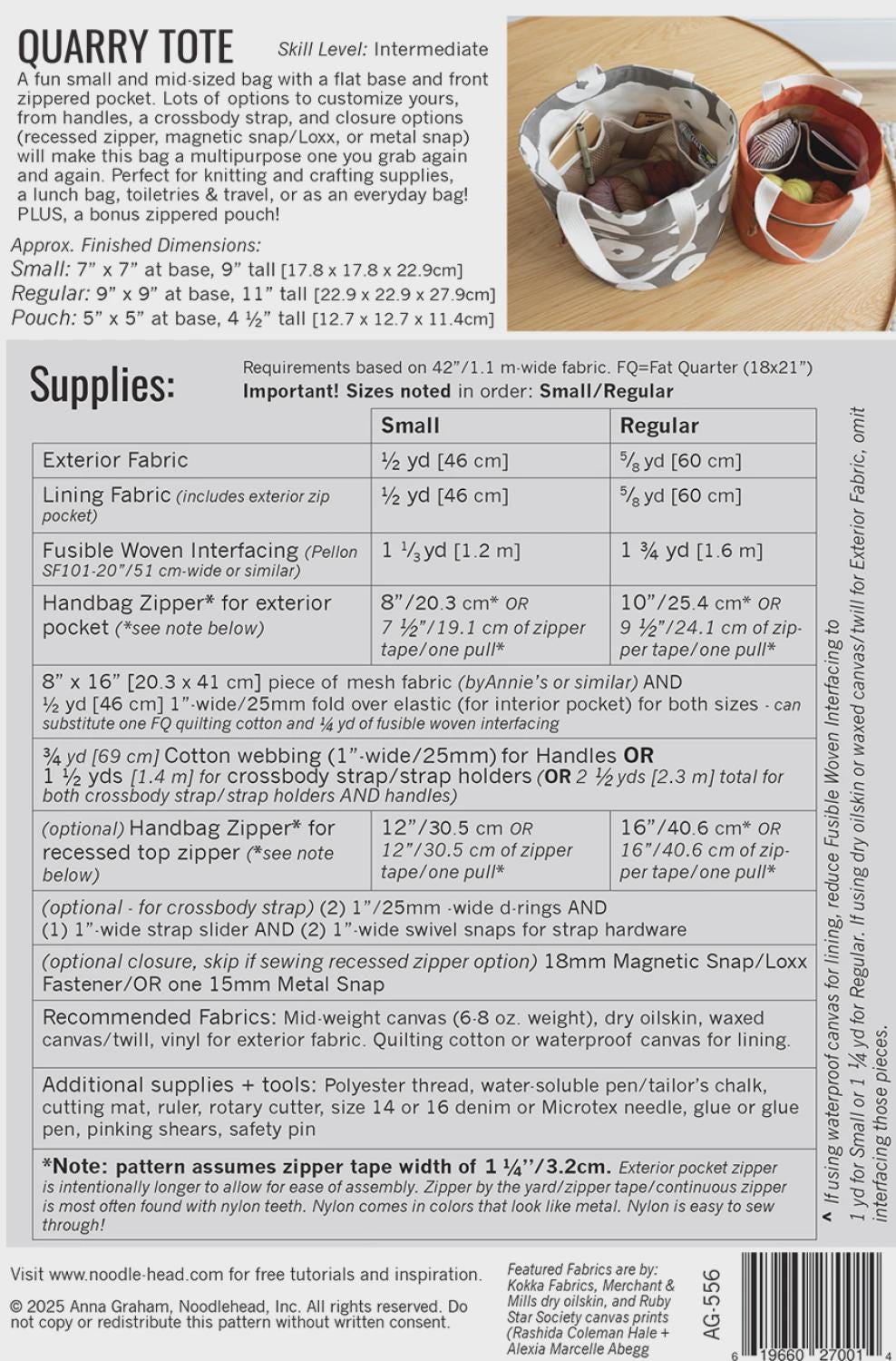 Quarry Tote Pattern AG556 From Noodlehead By Anna Graham