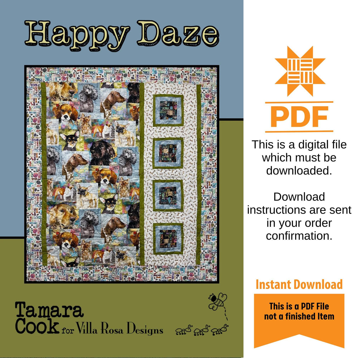 Happy Daze Quilt Pattern - INSTANT DIGITAL DOWNLOAD by Tamara Cook for Villa Rosa Designs Size is 36" x 41" 46" x 51" with optional border