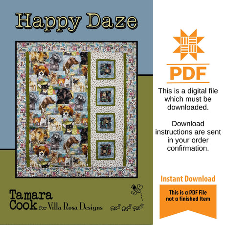 Happy Daze Quilt Pattern - INSTANT DIGITAL DOWNLOAD by Tamara Cook for Villa Rosa Designs Size is 36" x 41" 46" x 51" with optional border
