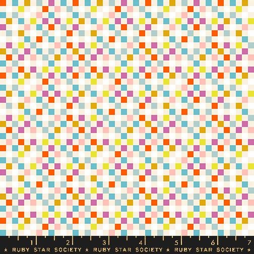 The image is a vibrant and colorful pattern composed of numerous small squares in various shades of orange, yellow, green, blue, and pink. The squares are arranged in a grid-like pattern, creating a visually striking and dynamic design.