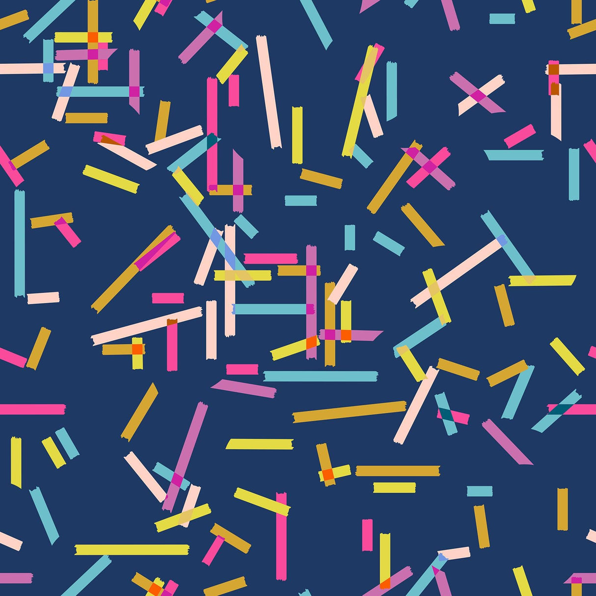 The image is a vibrant and playful pattern composed of overlapping colorful strips in various shades of blue, pink, yellow, and orange. The pattern appears to be a collage of individual images, creating a visually striking and dynamic design.