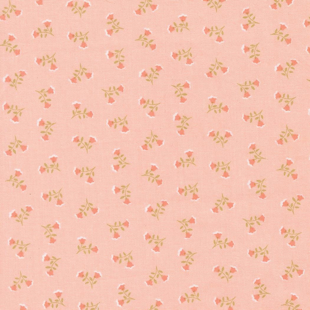 a repeating pattern of small pink flowers with green leaves on a light pink background.