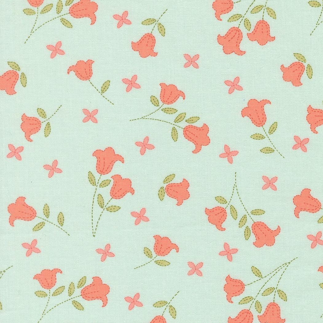 a repeating pattern of pink flowers and green leaves on a light green background.