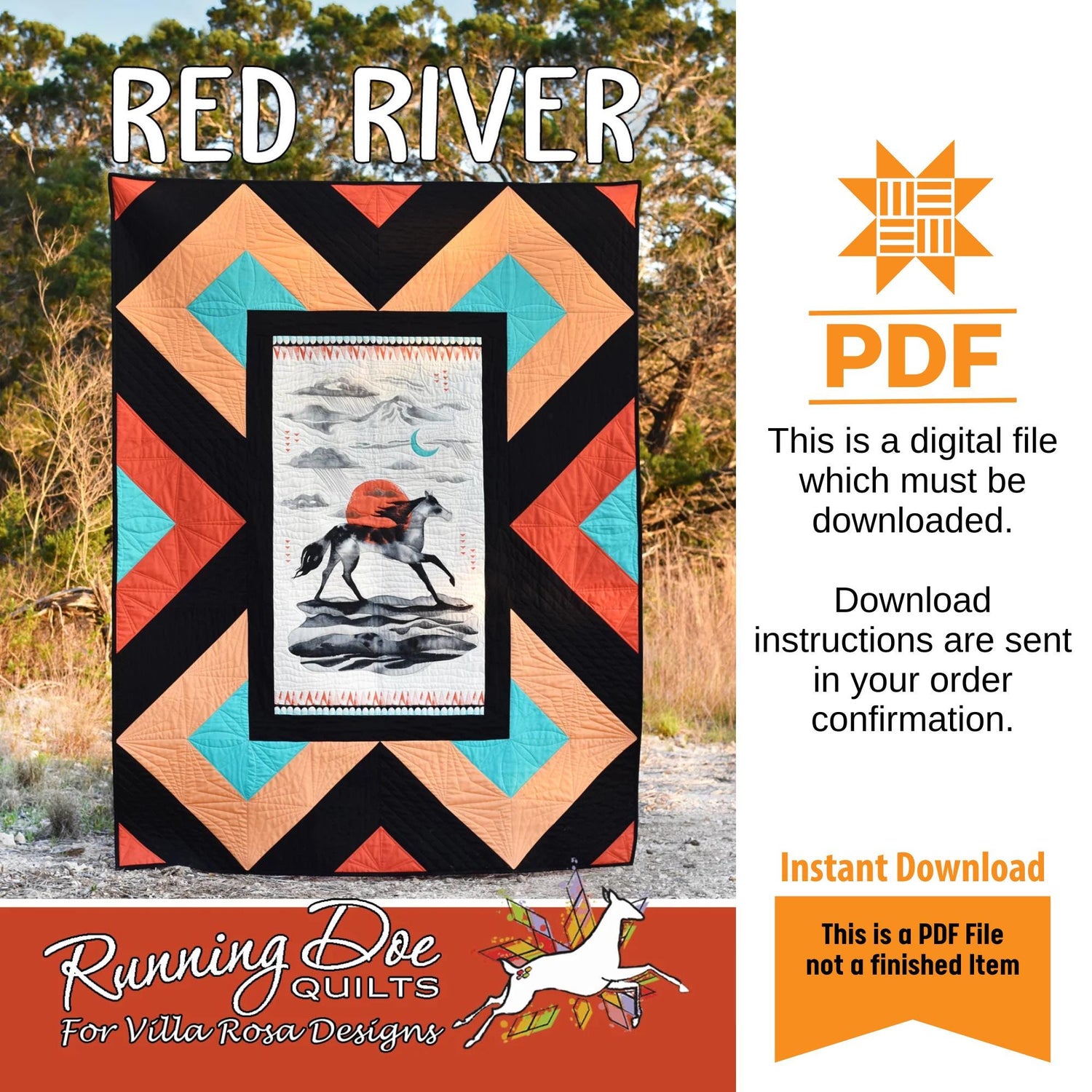 Red River Quilt Pattern Only - INSTANT DIGITAL DOWNLOAD - From Running Doe Quilts for Villa Rosa Designs Size 56" x 74"