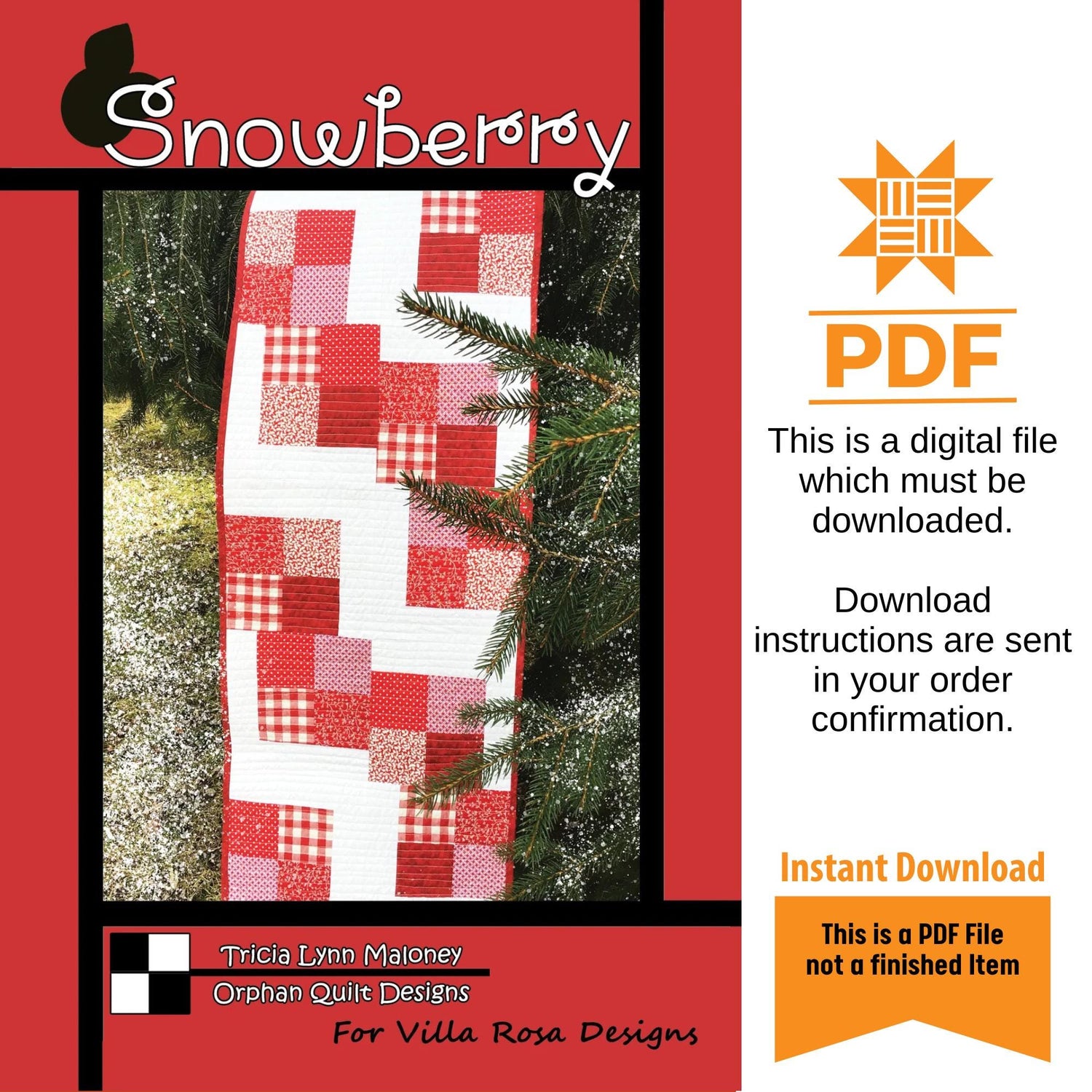 Snowberry Quilt Pattern Only - INSTANT DIGITAL DOWNLOAD - From Tricia Lynn Maloney for Villa Rosa Designs Size 18" x 63"