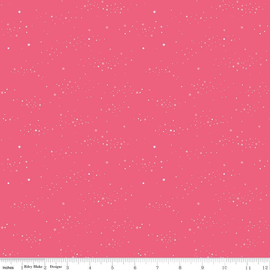 The image is a bright pink background with numerous small white stars scattered across it.